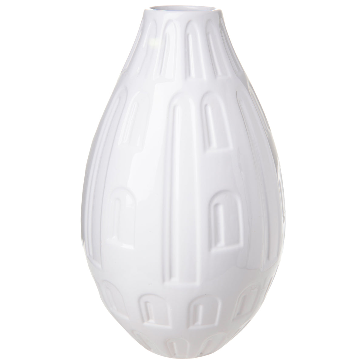 Ceramic vase with a round bellied shape and an engraved abstract design, finished in gloss white.