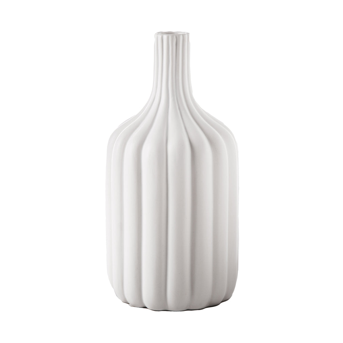 A matte white ceramic round bottle vase with a narrow mouth and embossed column pattern design.