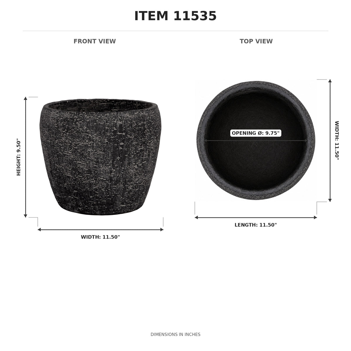 A product dimension diagram showing a dark textured planter pot from front and top views with labeled measurements in inches on a white background.