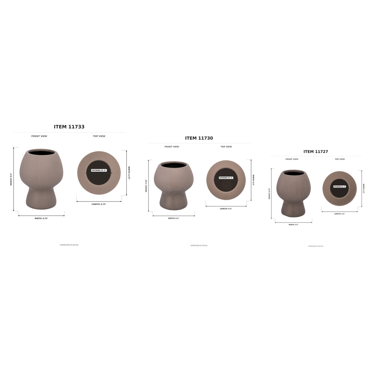 Technical dimension diagram showing three views of a small round vessel or planter with measurements labeled for items 11730, 11733, and 11737 on a white background.