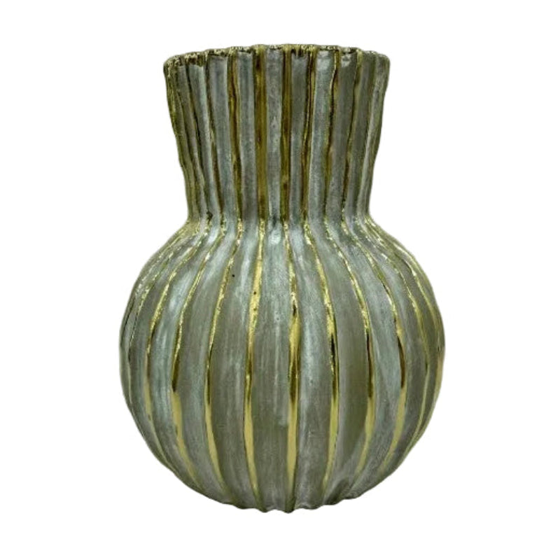 Decorative vase with ribbed texture on a white background