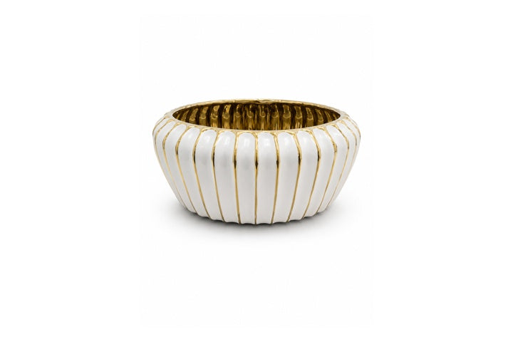 Ceramic Round Bowl with Ribbed Pattern Design Body White and Gold Glossy Finish