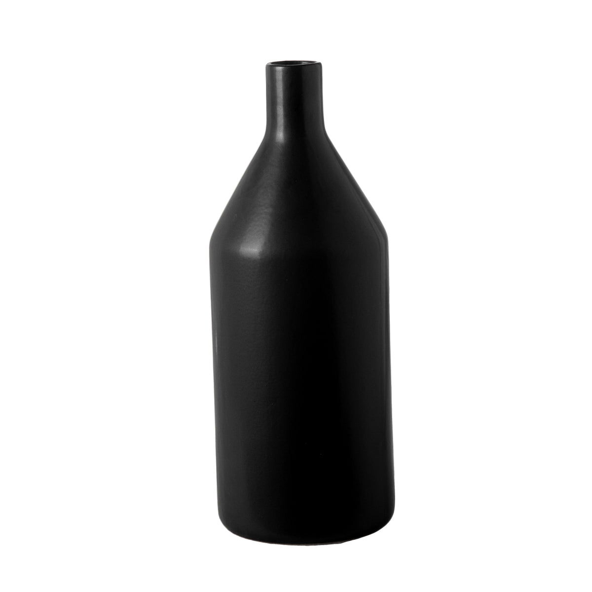 A white ceramic plain round bottle short neck vase with a matte finish.