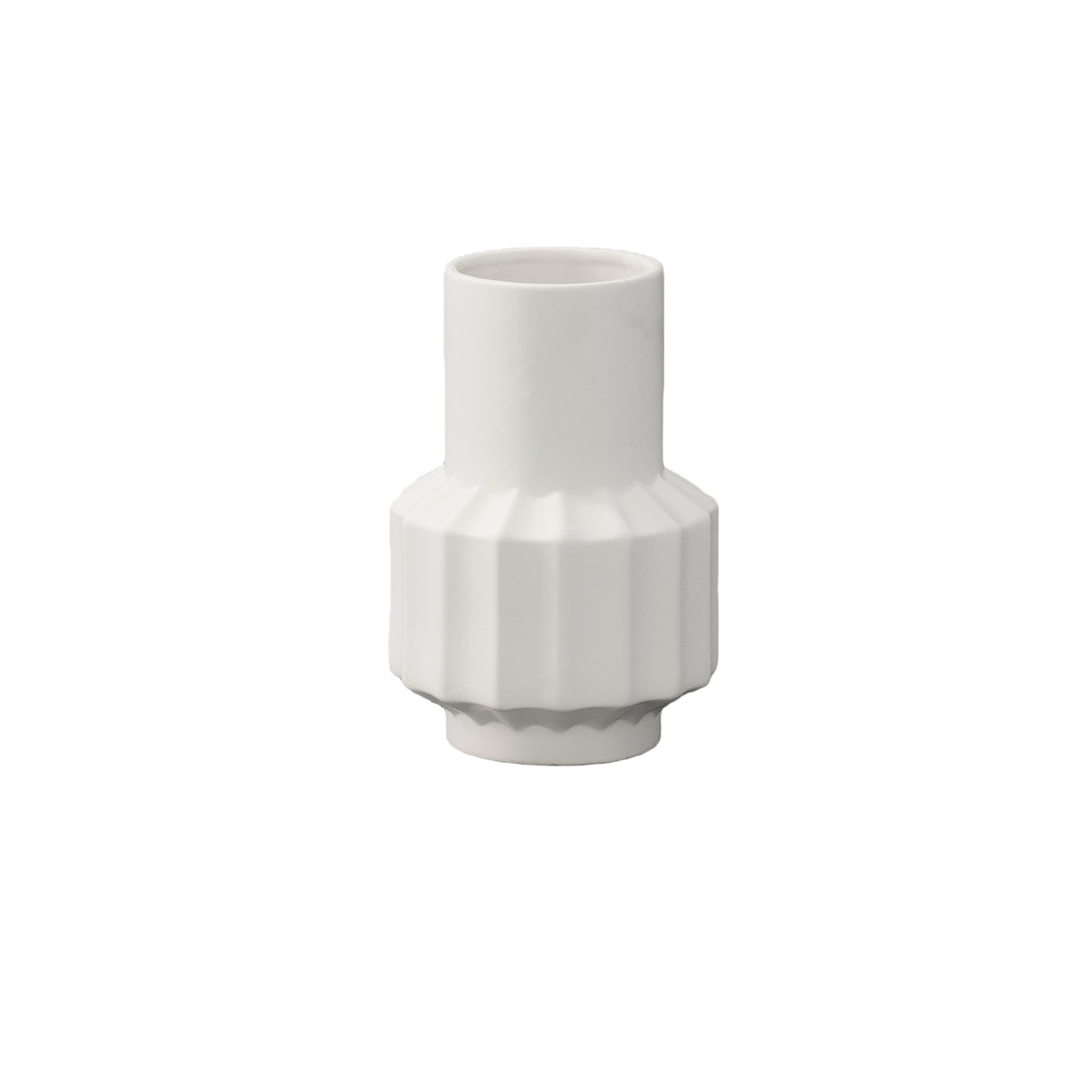 A matte finish white ceramic round bottle vase with an embossed symmetric column design and a base.