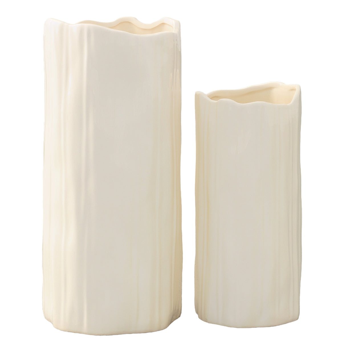 Two ceramic tall round vases with a matte finish, one in the background smaller in size and the other in the foreground larger in size, both with an irregular lip and embossed seamless column design, displayed against a white background.
