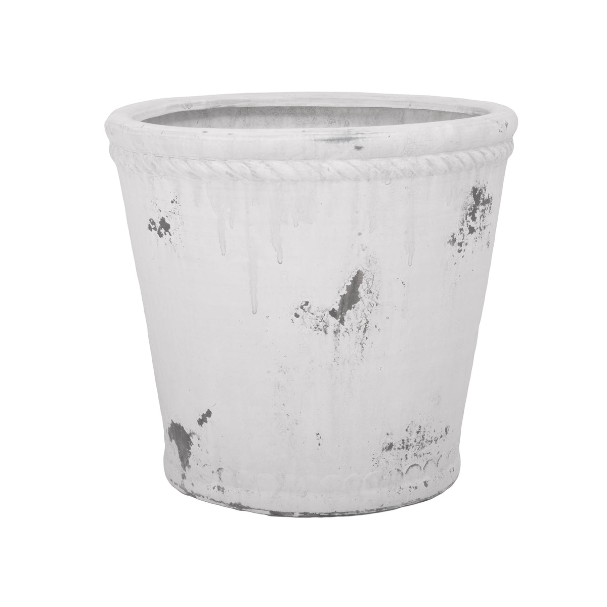 A white terracotta round pot with visible dirt marks, isolated on a white background.