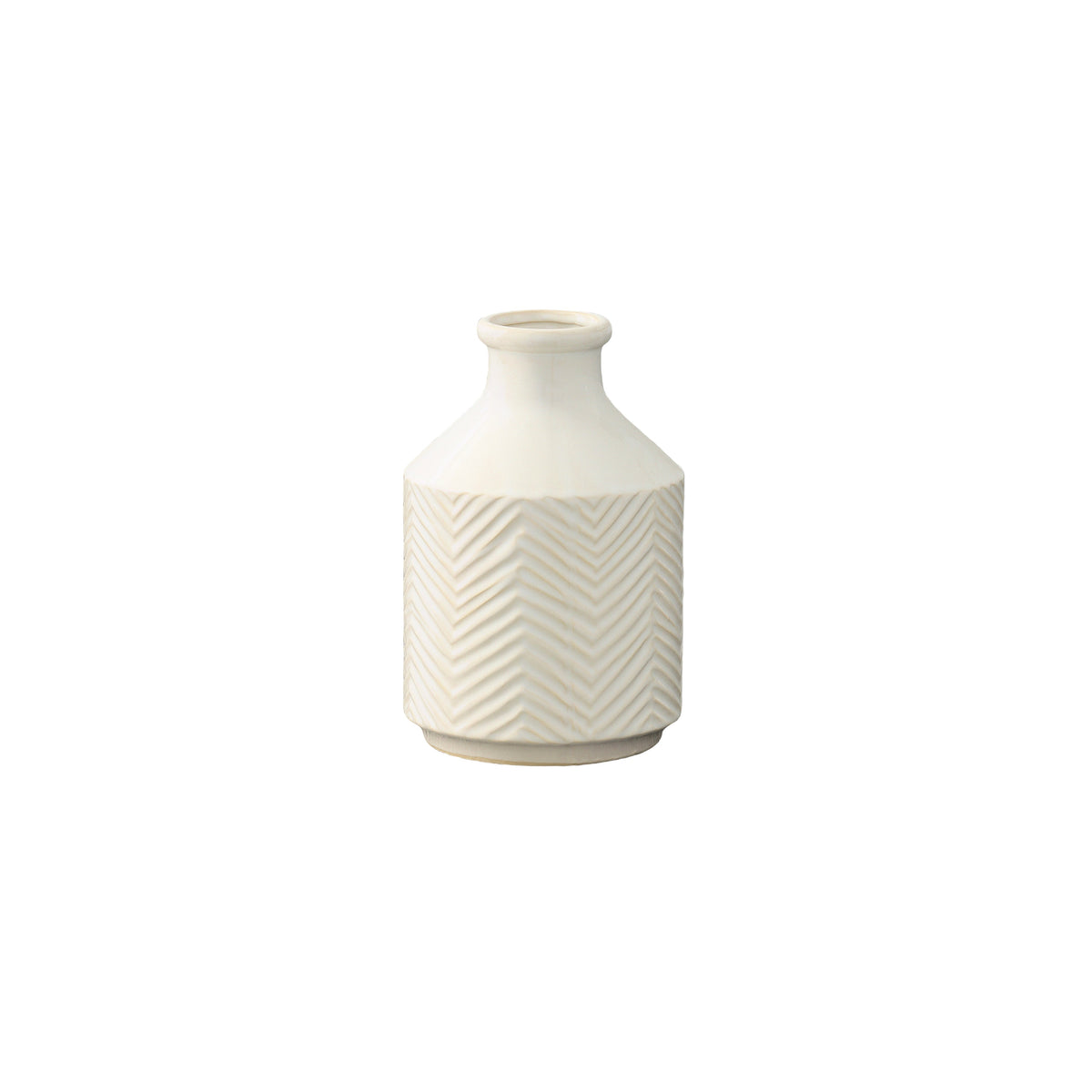 A white ceramic round vase with a chevron pattern design, a short neck, and a bottle ring mouth.