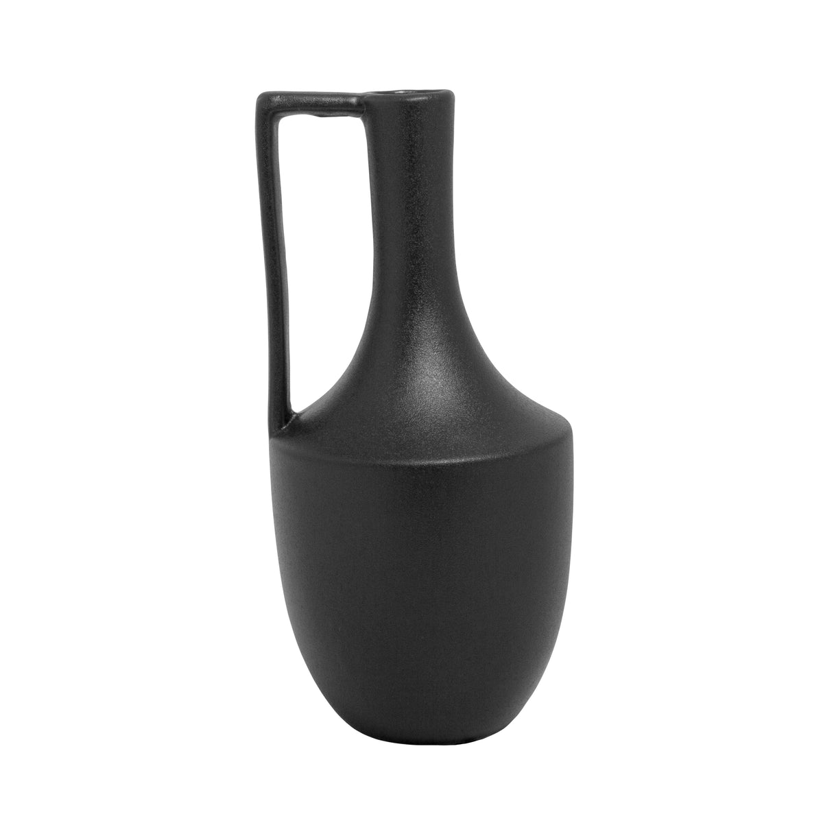 A matte finish black ceramic round bottle vase with side handles and a tapered bottom design.