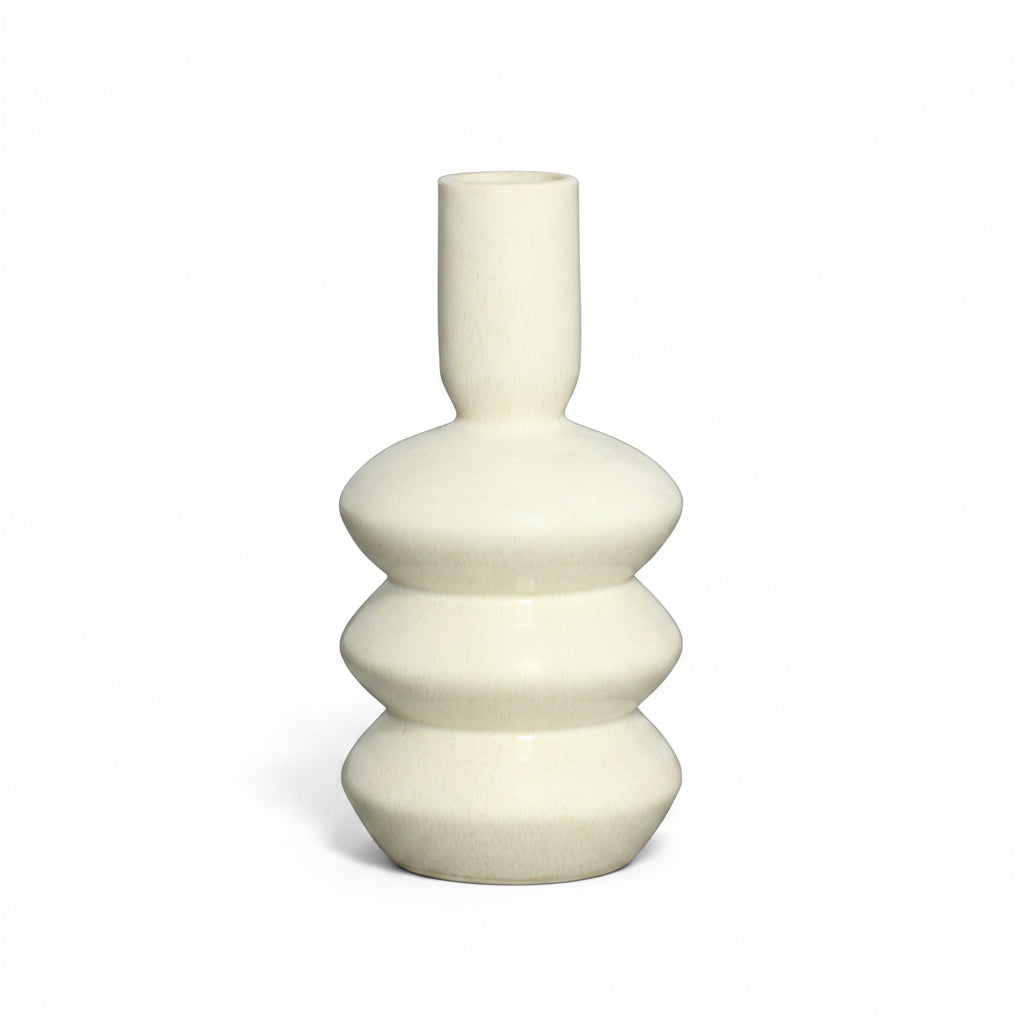 A white ceramic vase with a gloss finish and an abstract, twisty shape, approximately 14.50 inches in height.