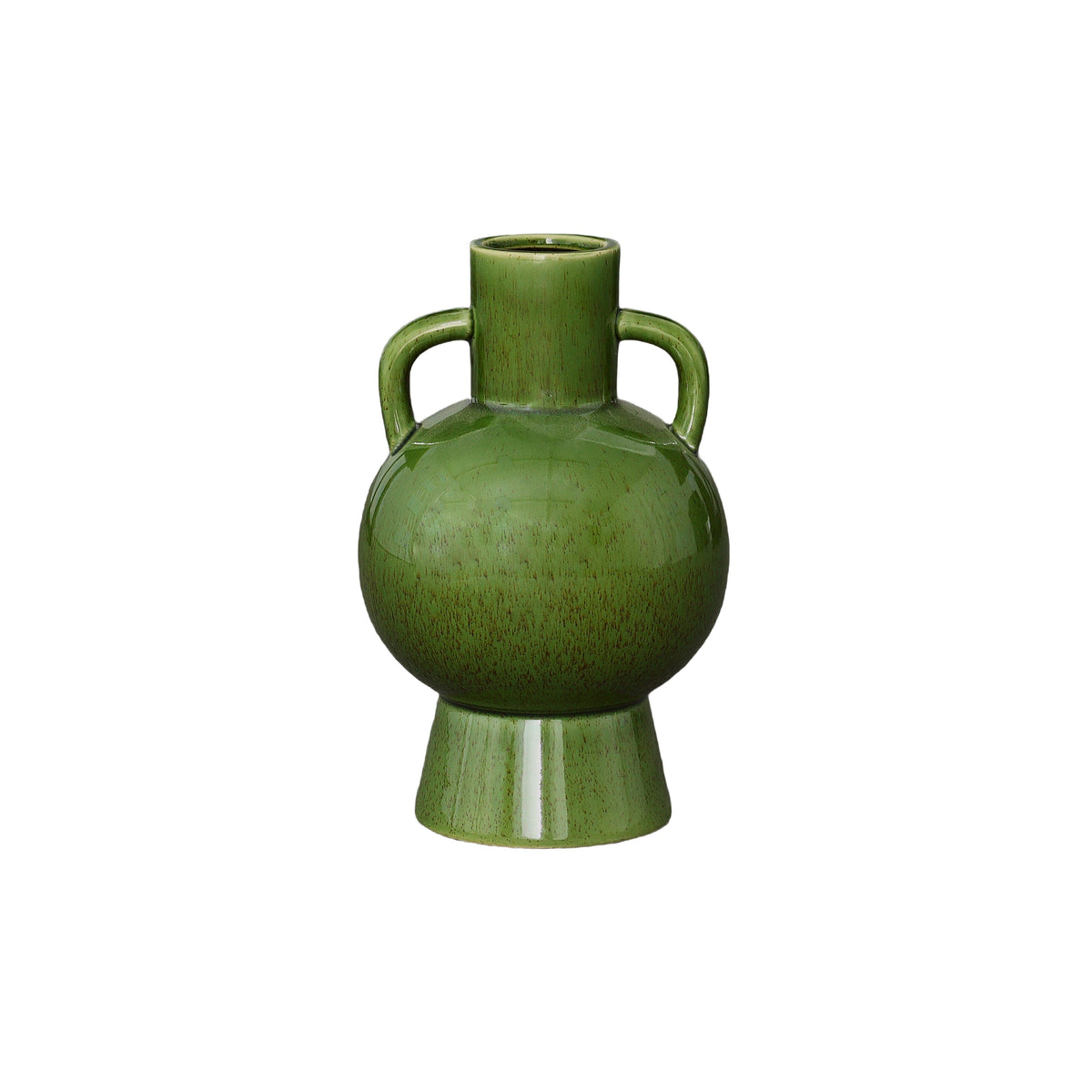 A green ceramic vase with a glossy finish, featuring a rounded body with two handles and a narrow neck.