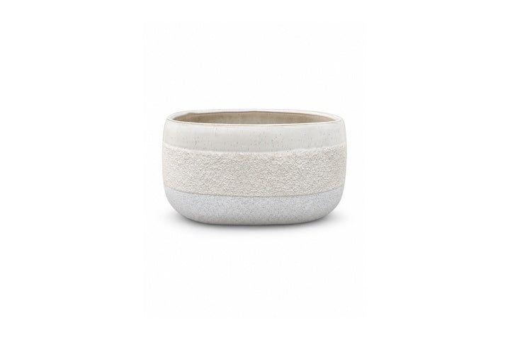 Rounded Oval Ceramic Flower Pot With Tapered Base and Horizontal Tri-Band