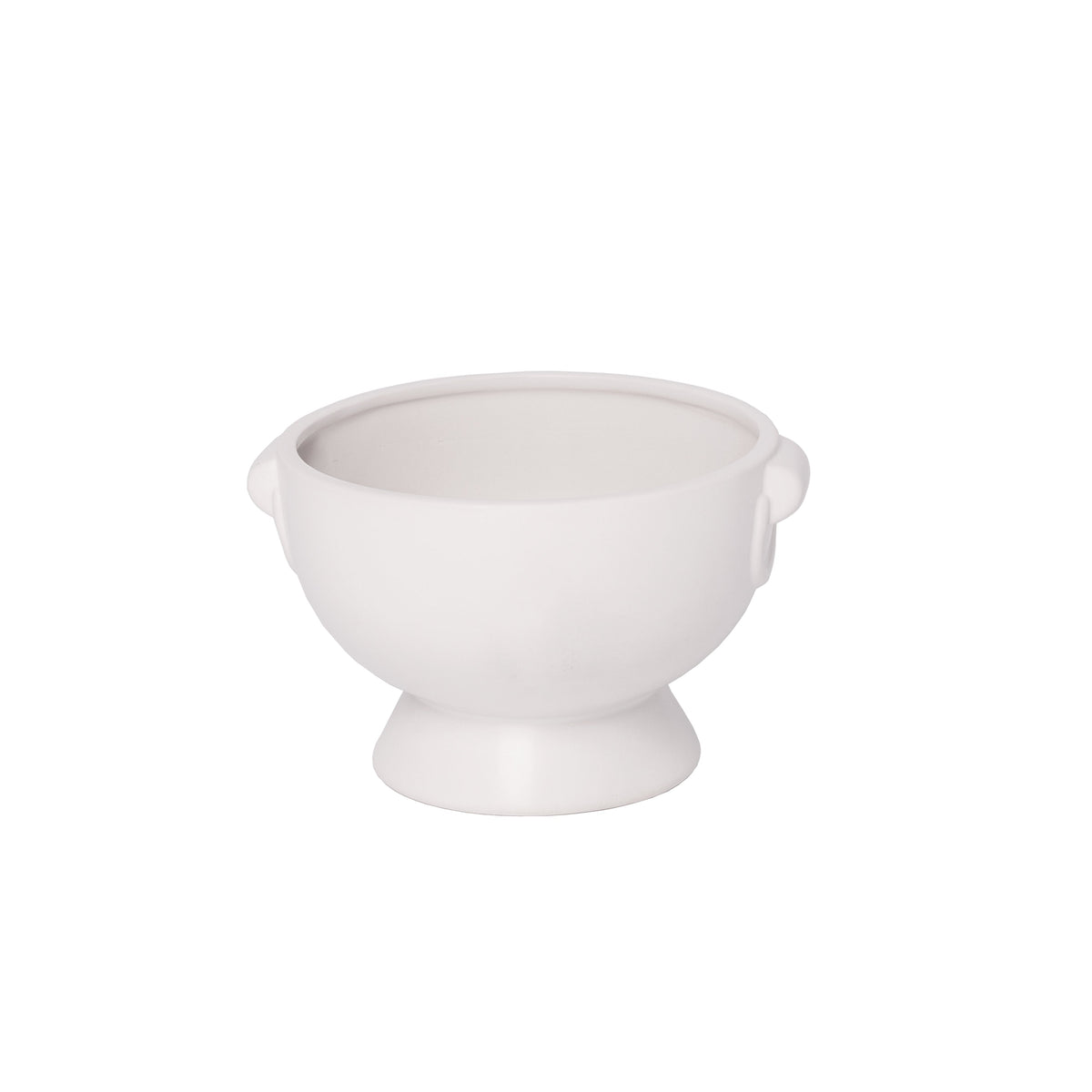 A white ceramic round planter with a glazed matte finish.