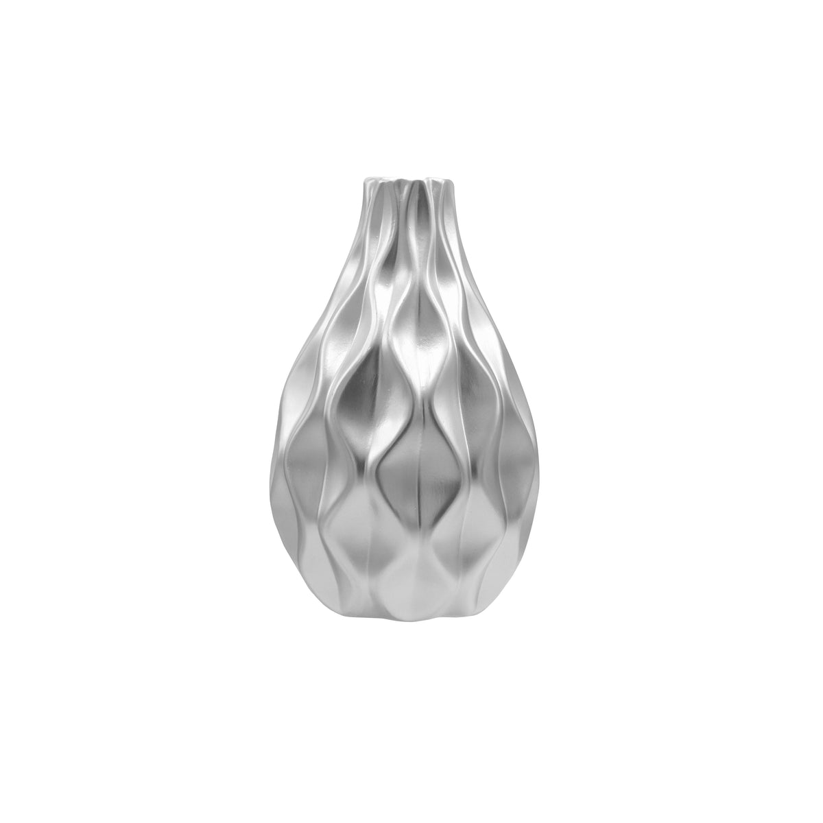 A black matte finish ceramic round bellied vase with an embossed wave pattern design.
