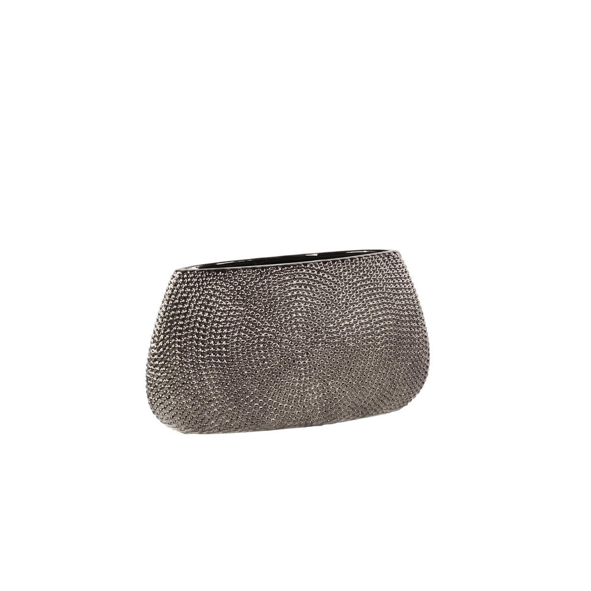 Silver clutch bag with textured surface on a white background
