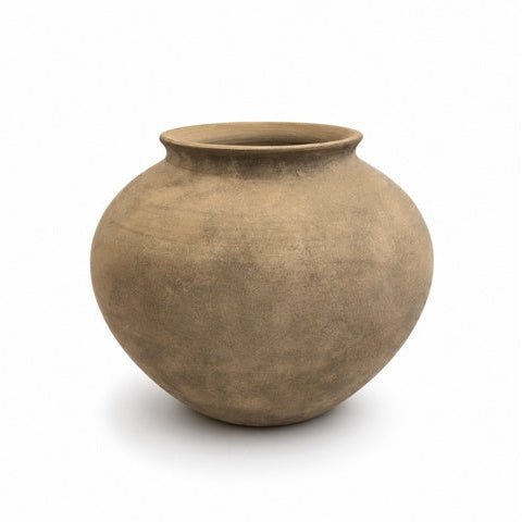 A round, earthy brown ceramic pot with a wide, slightly flared rim, shown on a clean white background with a soft shadow underneath.