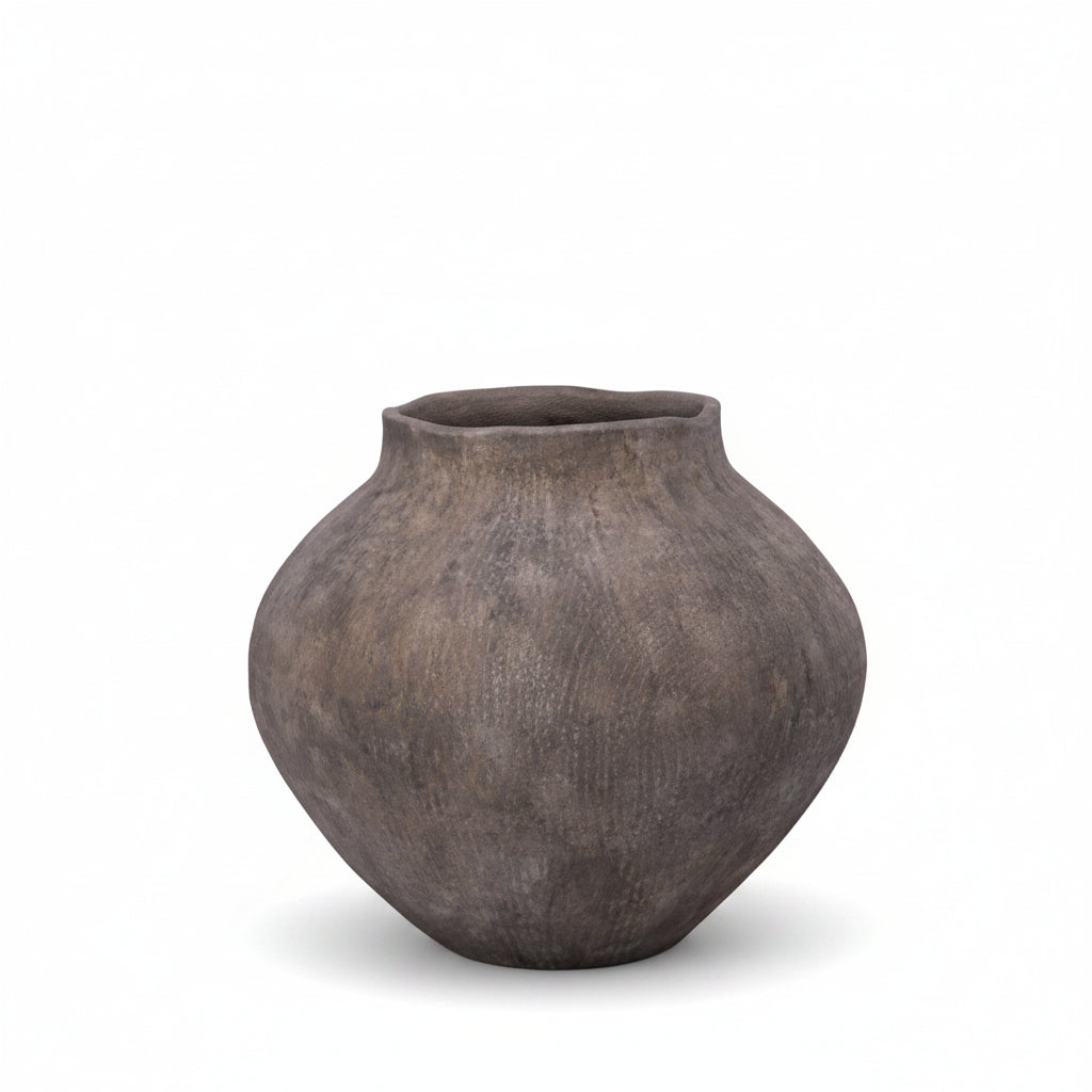 A textured gray ceramic pot with a rounded bulbous shape and a small flared rim, shown against a plain white background.
