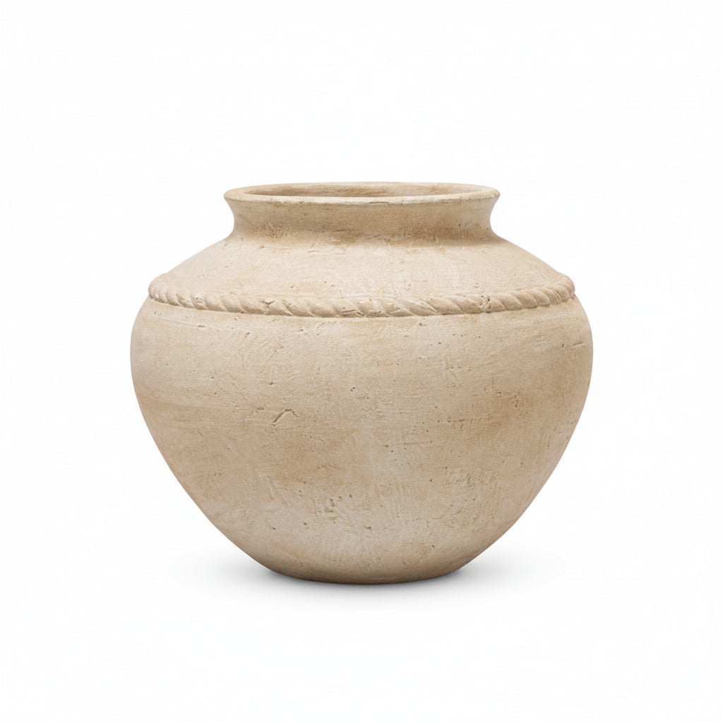 A round, beige stoneware pot with a short neck and a textured rope-like band around the upper half, shown on a plain white background.