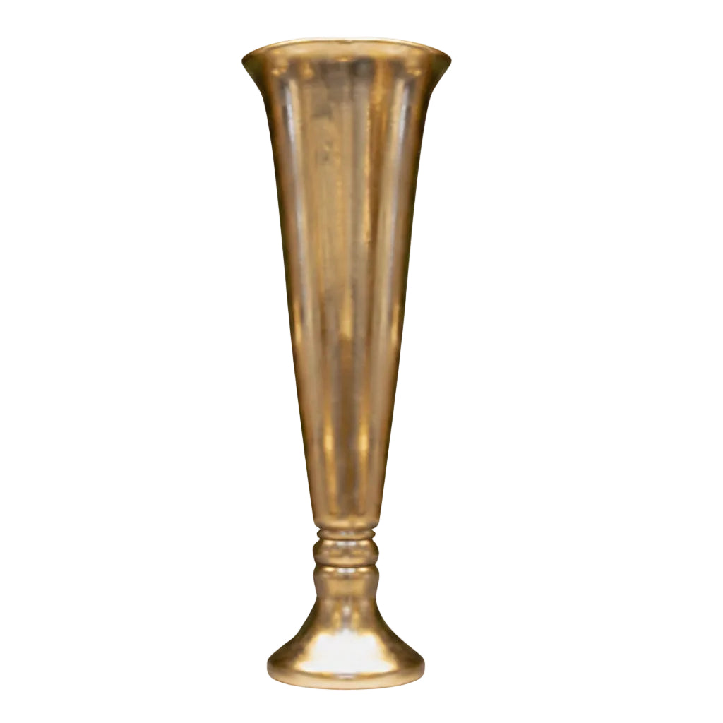 A tall, flared metallic gold vase with a fluted body and a pedestal base, shown against a plain white background.