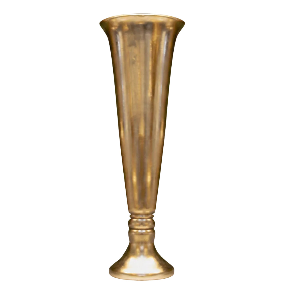 A tall, flared brass-colored metal vase with a fluted shaft and a wide pedestal base, shown against a plain white background.