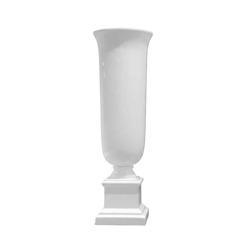 A tall white ceramic vase with a flared rim and a square pedestal base, shown against a plain white background.