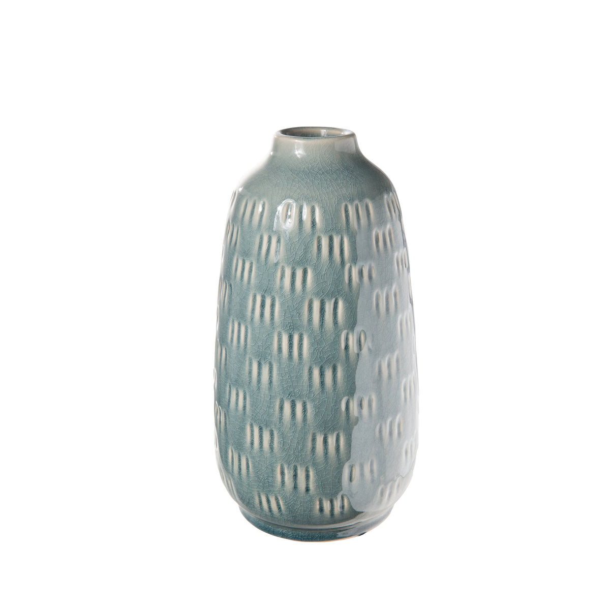 Blue ceramic vase with white pattern on a white background