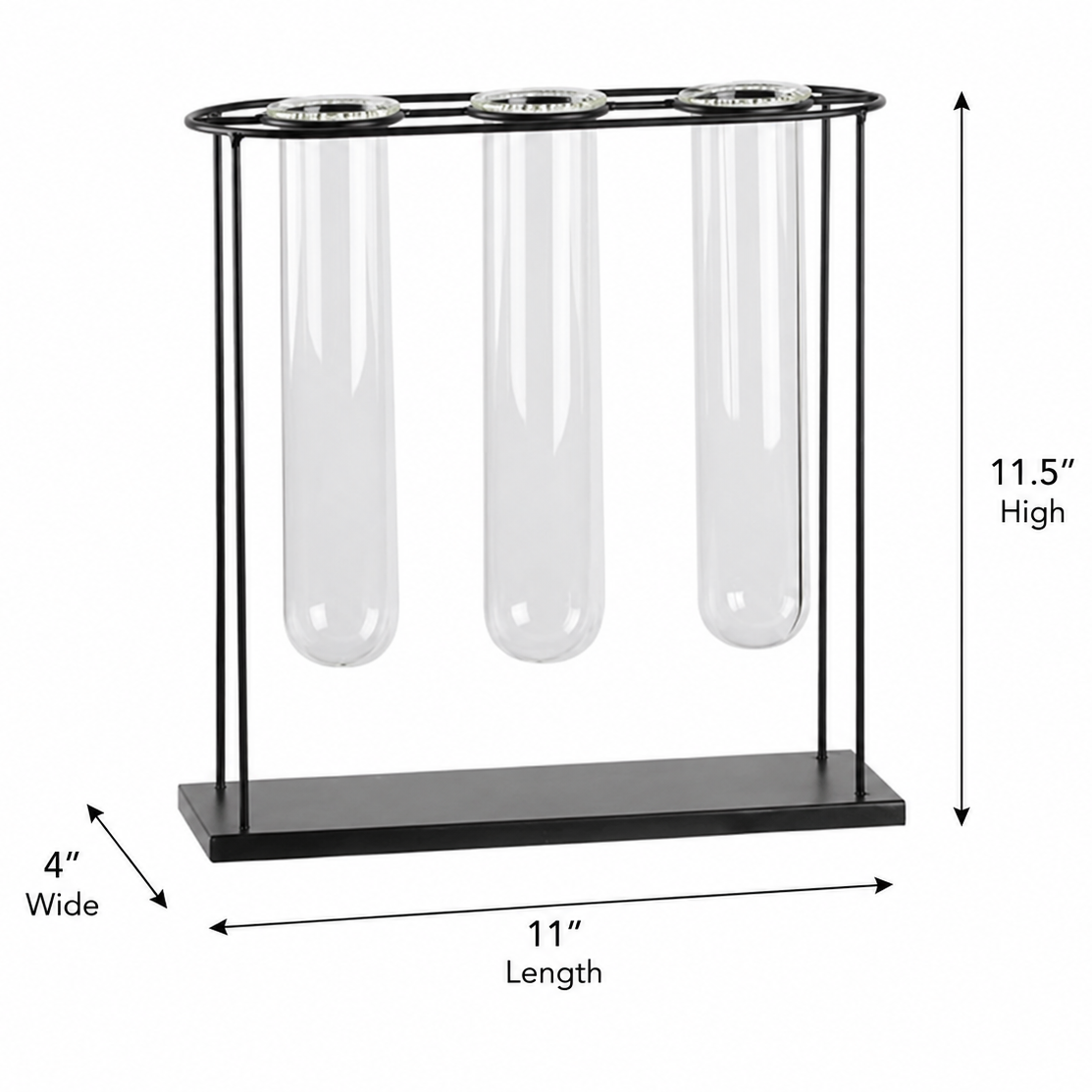 Decorative glass tubes on a black metal stand with dimensions indicated.