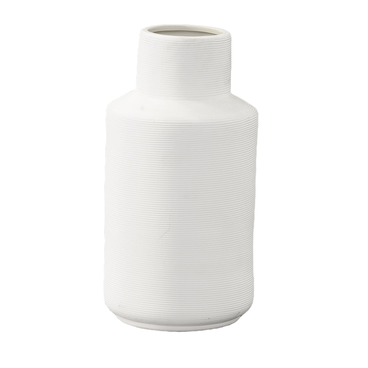 A white ceramic round vase with a neck, featuring a combed coated finish.