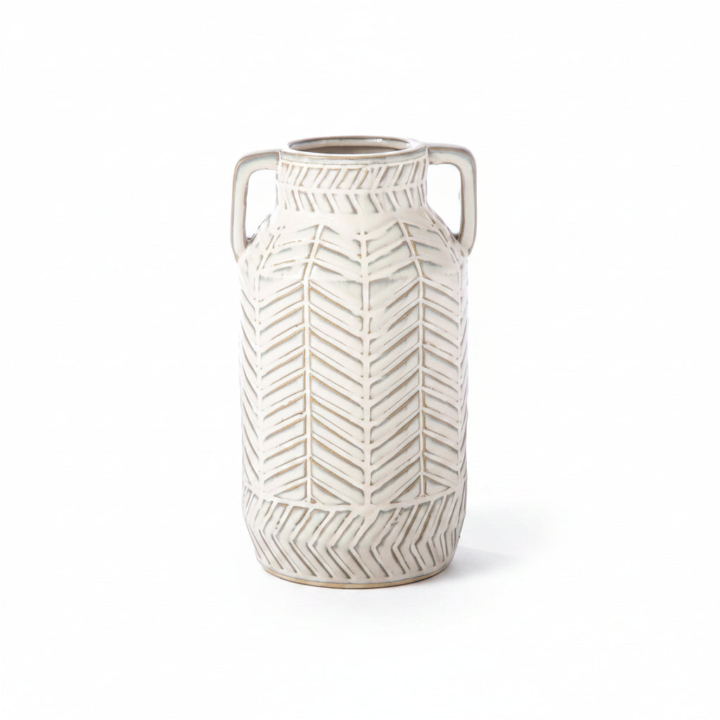 A ceramic round vase with embossed chevron pattern and side handles, in a gloss finish.
