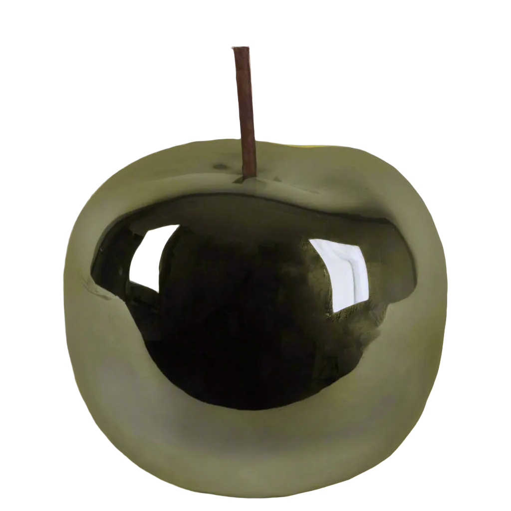 A reflective, distorted apple-shaped object with a dark mirror-like center and a brown stem, isolated on a white background.