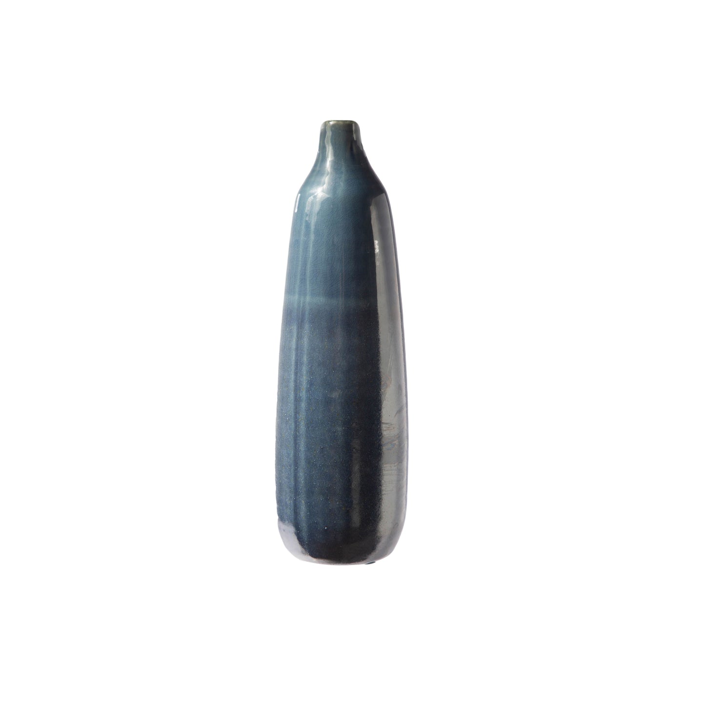 A white ceramic vase with a rough finish and a narrow mouth, short neck, and cream banded rim bottom.