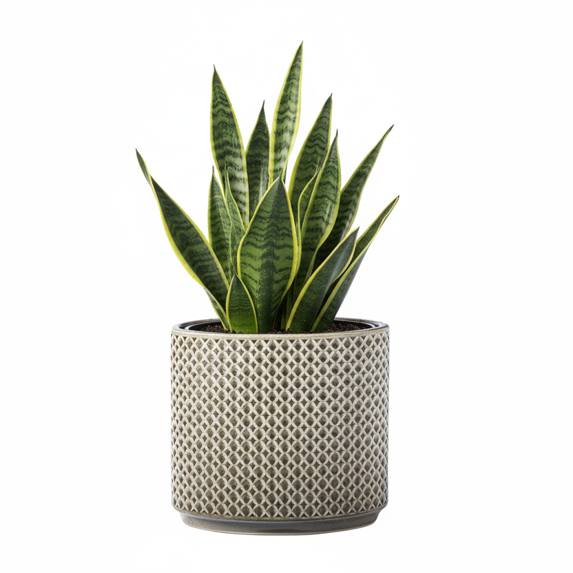 Potted snake plant in a textured pot on a white background