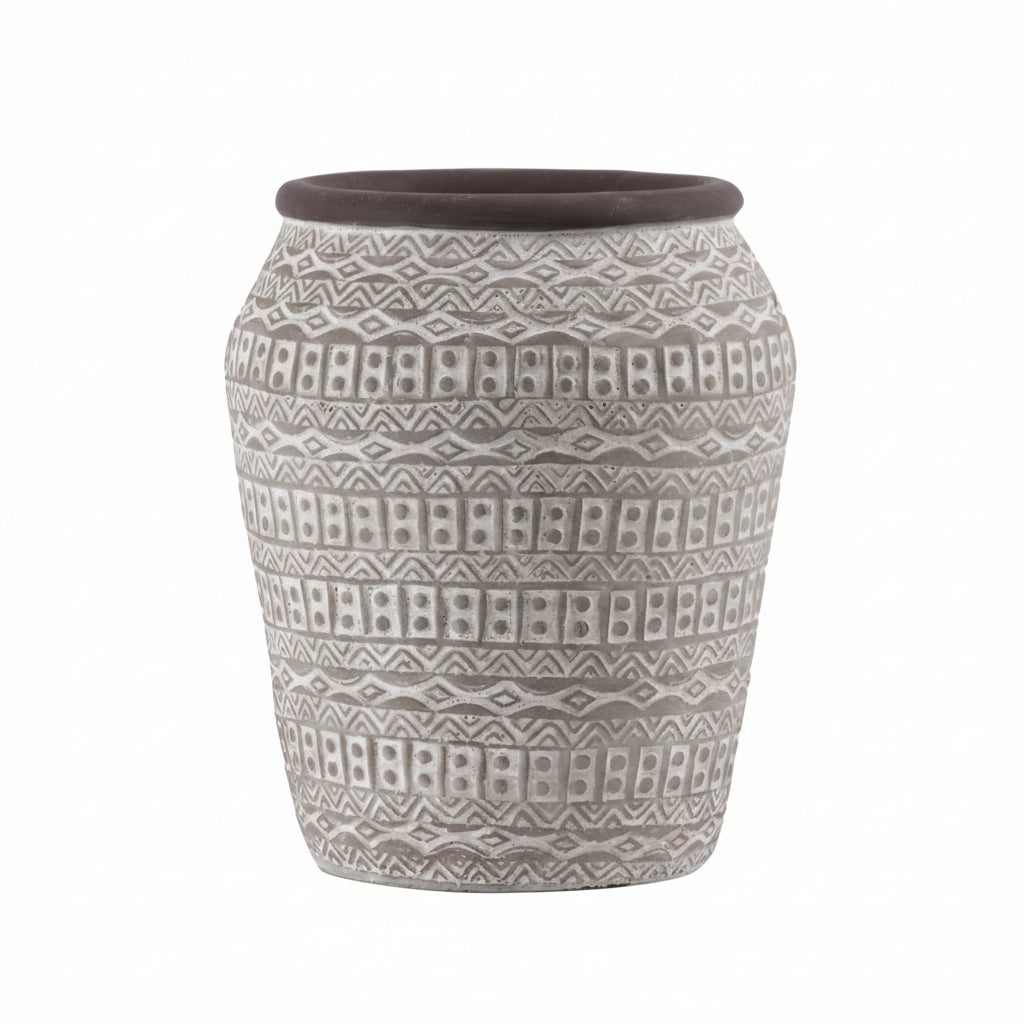 A round terracotta vase with a brown rim and tribal pattern design in a painted finish, displayed against a white background.