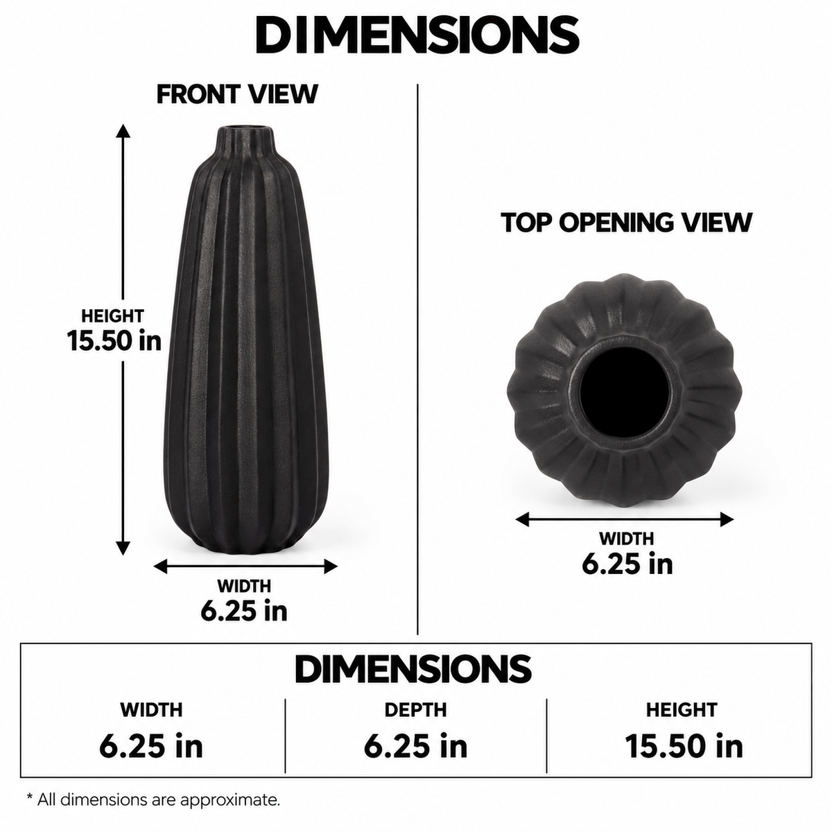 A dimension diagram showing a black ribbed vase from front and top opening views, with measurements labeled as height 15.50 in and width 6.