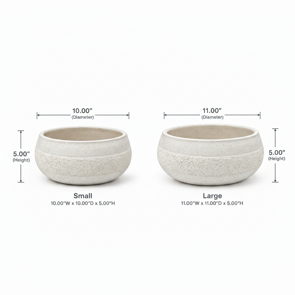 Two round textured planter pots shown with dimension labels: a small version 10 x 10 x 5 inches and a large version 11 x 11 x 5 inches, on a white background.