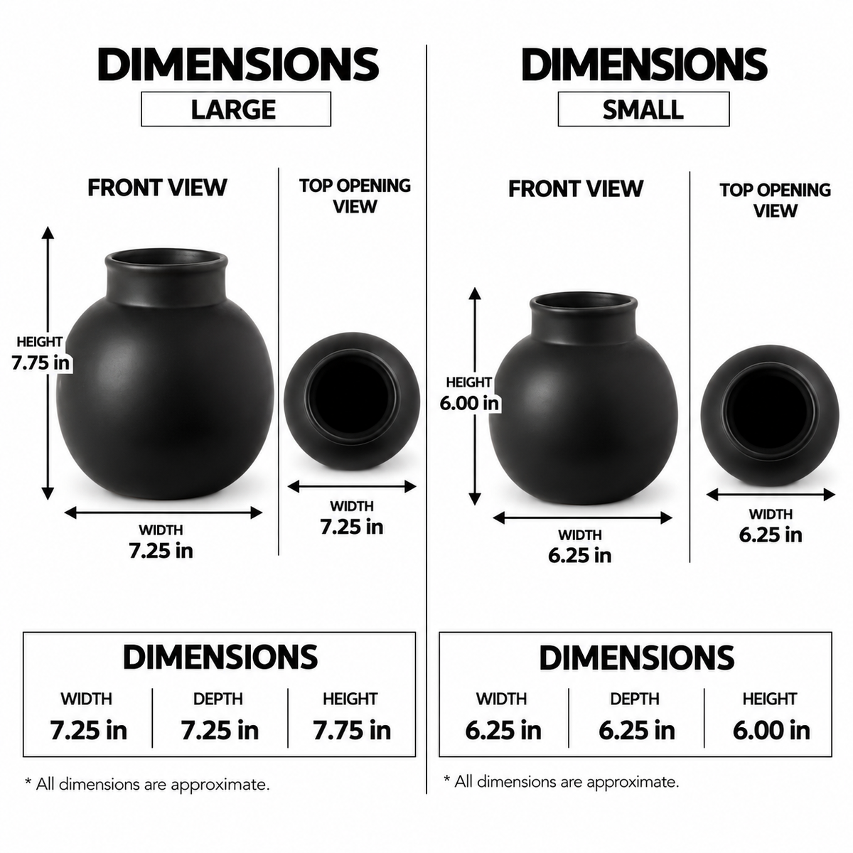 A dimension comparison chart showing large and small views of a matte black spherical vase. The chart includes front, top opening, and side views with labeled measurements for height and width, plus a summary table of dimensions at the bottom.