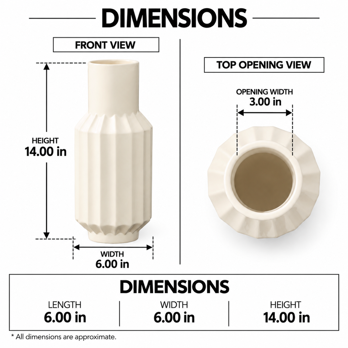 A dimension diagram showing a cream-colored ribbed ceramic vase from the front and top, with labeled measurements for height, width, and top opening width on a white background.