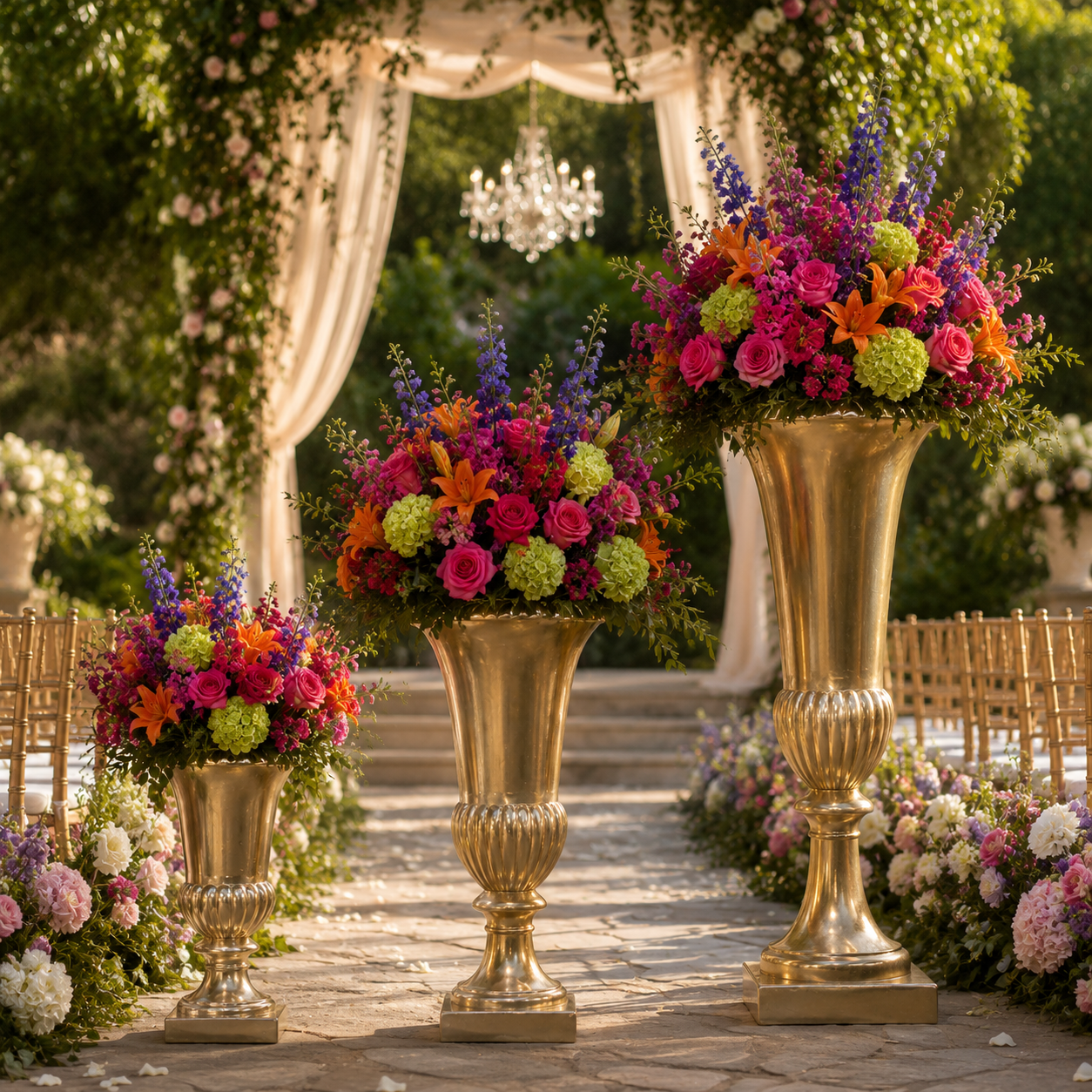 Three ornate gold flower vases filled with vibrant multicolored floral arrangements are displayed on a stone pathway under a draped wedding archway with gold chair backs in the background.