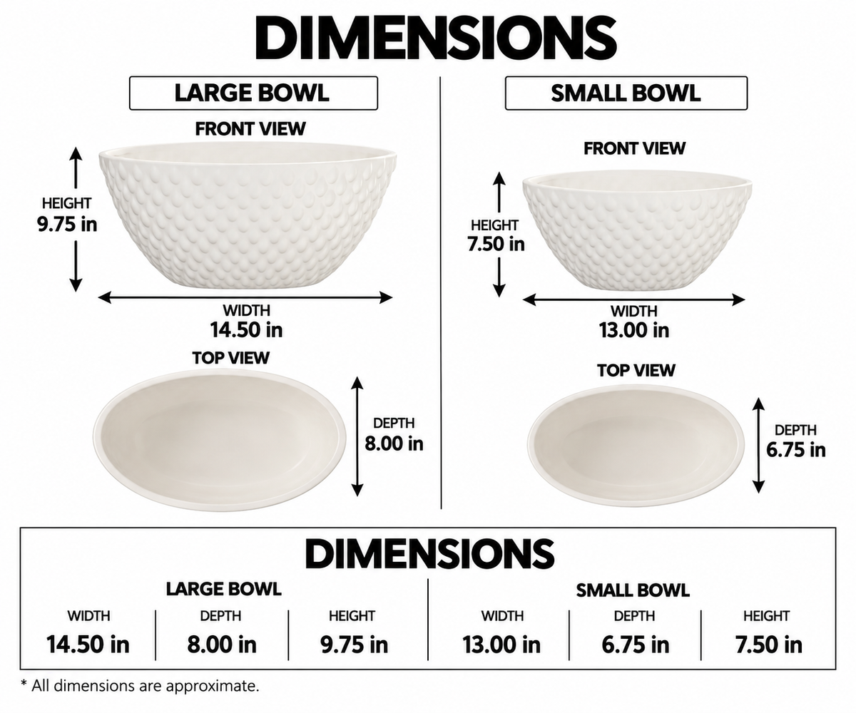 A dimension chart showing measurements for a large and small white textured bowl, with front, top, and depth views and approximate dimensions listed in inches.