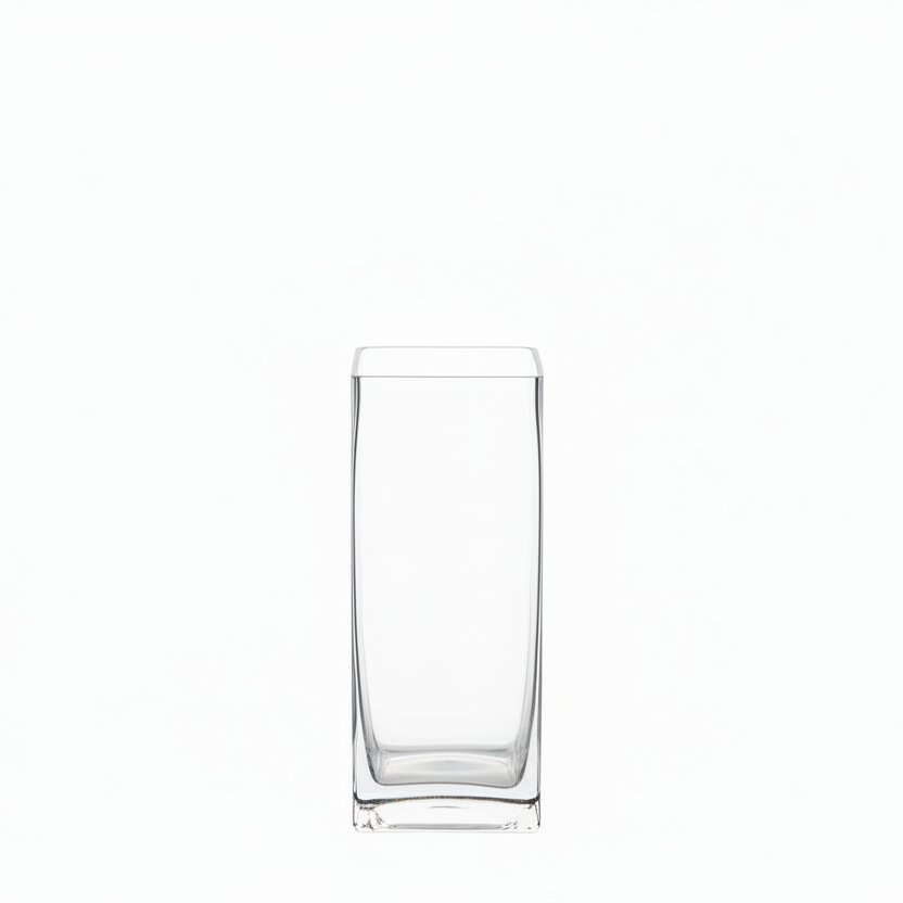 A clear rectangular glass vase with a flared rim, shown against a solid white background.