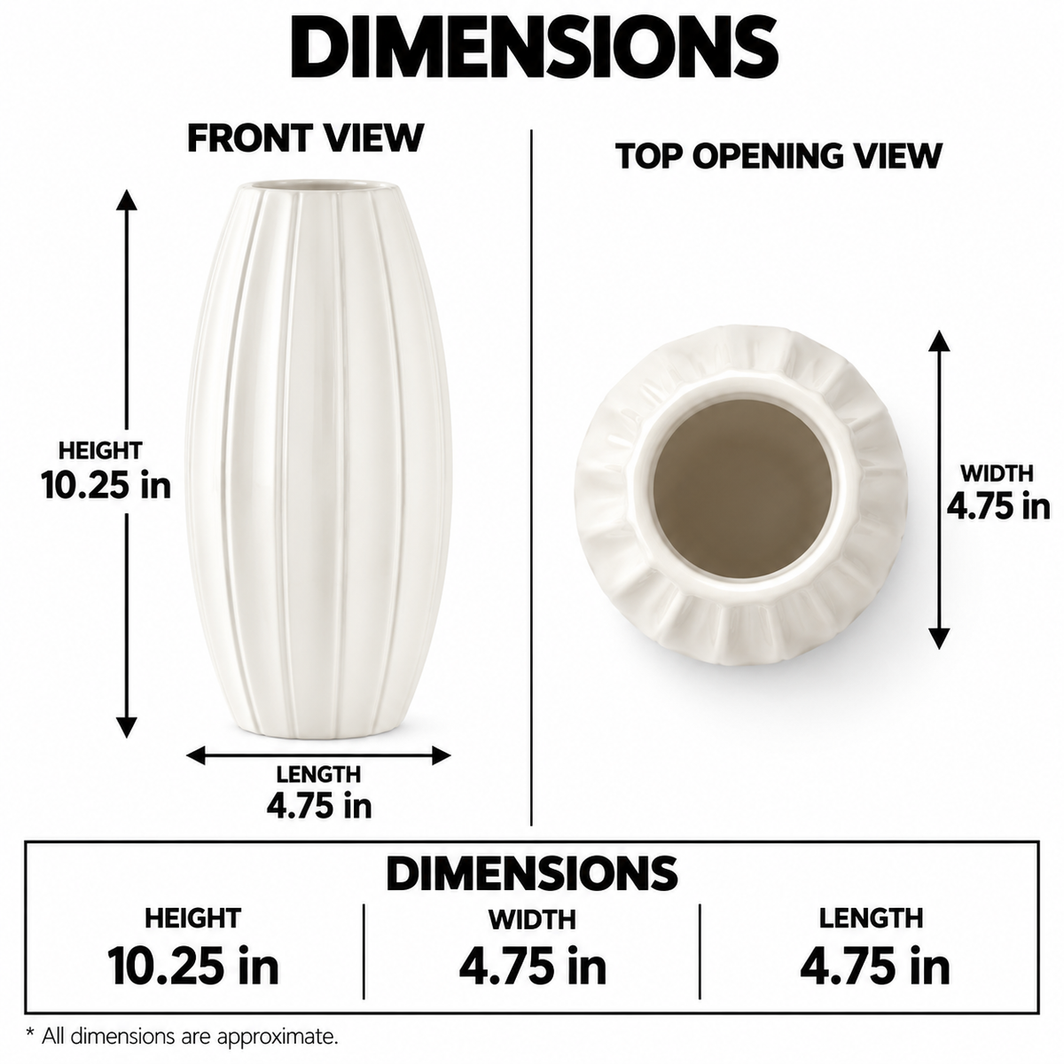 A dimension diagram showing a white ribbed ceramic vase from the front and top, with labeled measurements for height 10.25 in, width 4.