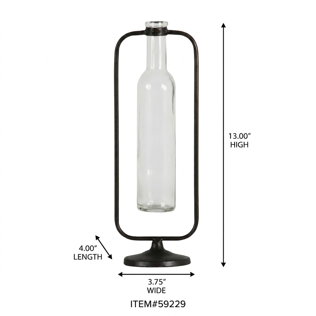 Clear glass bottle with black metal stand and dimensions on a white background