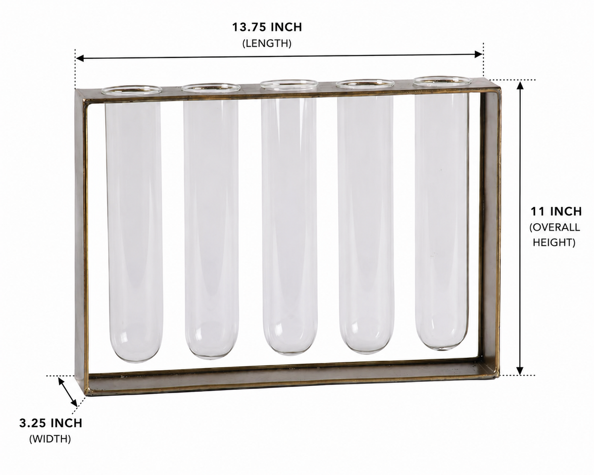 Decorative test tube holder with dimensions on a white background