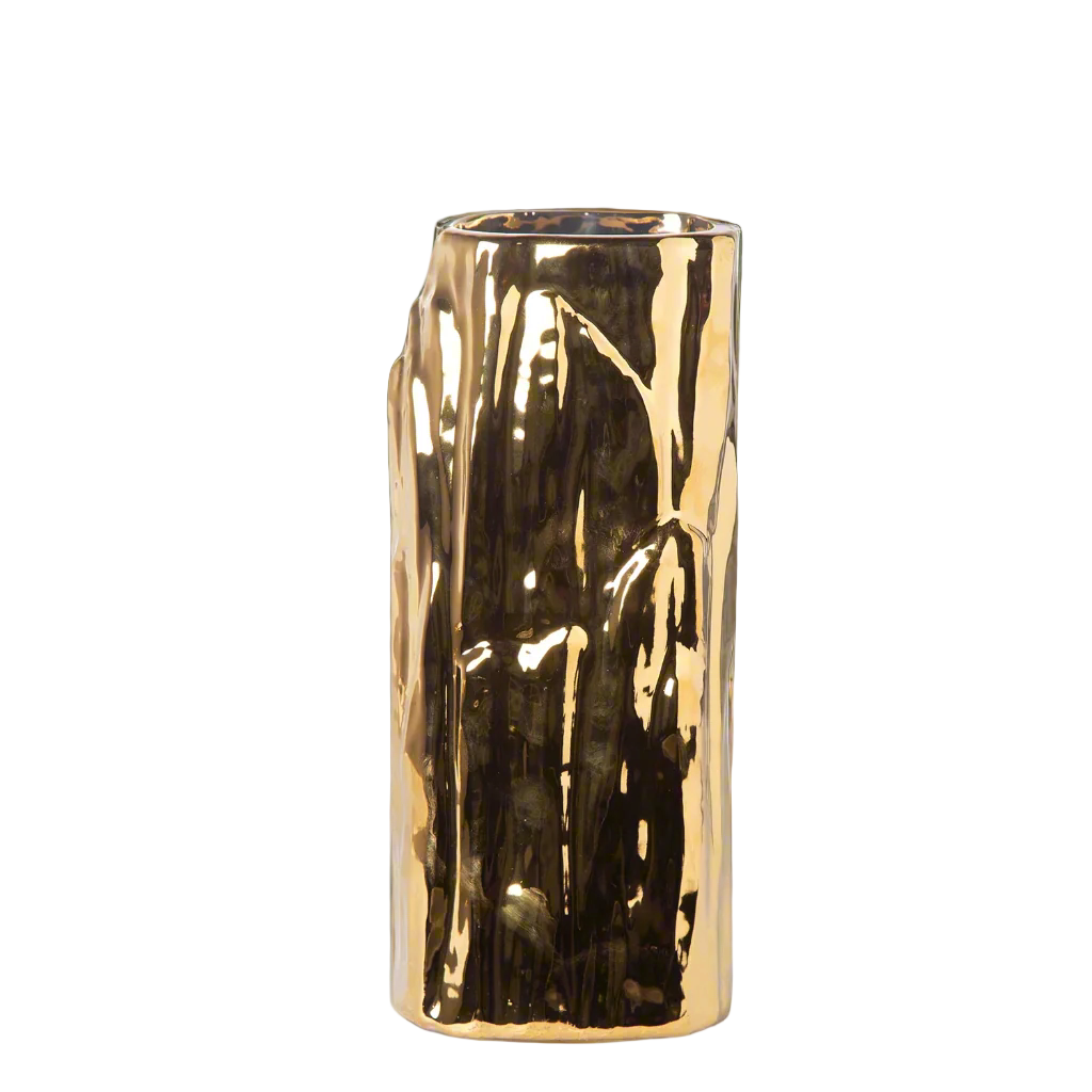 Gold metallic vase with a textured surface on a white background