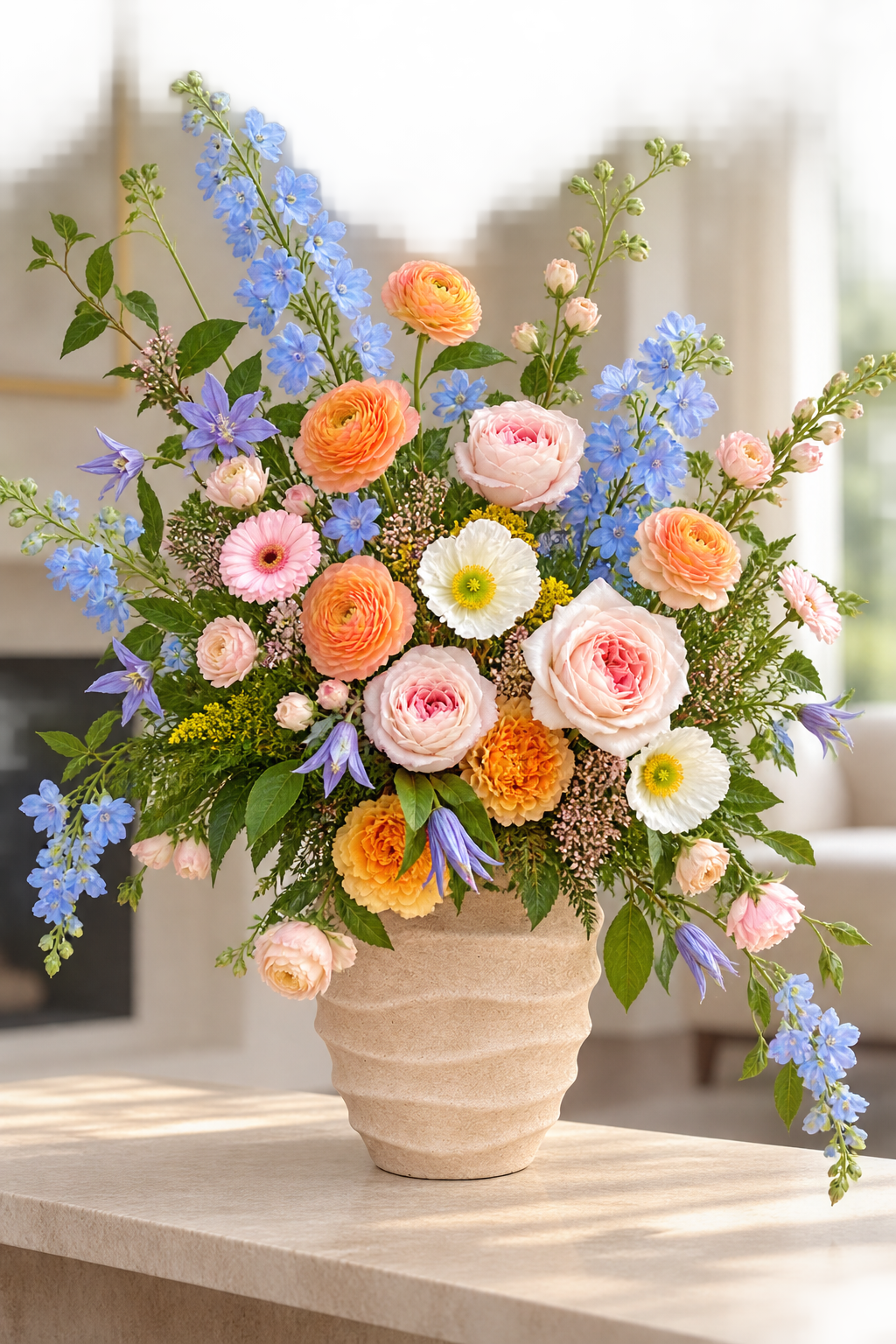 A vibrant floral arrangement in a beige ribbed ceramic pot, featuring peach roses, pink carnations, blue delphiniums, and green foliage, set on a light stone surface with a softly blurred indoor background.