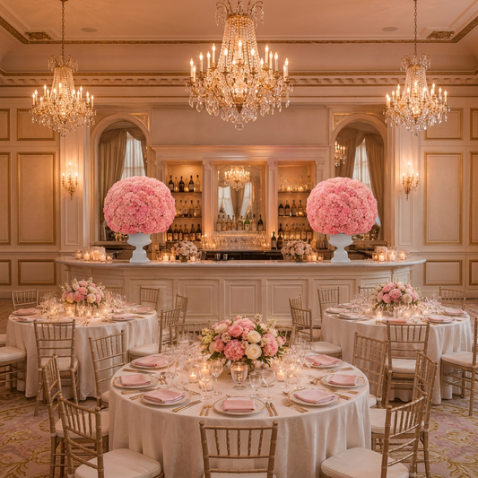A grand event venue interior with a bar in the background, decorated with two massive pink floral bouquets on white pedestals, round dining tables with white linens and pink floral centerpieces, and warm candle lighting.