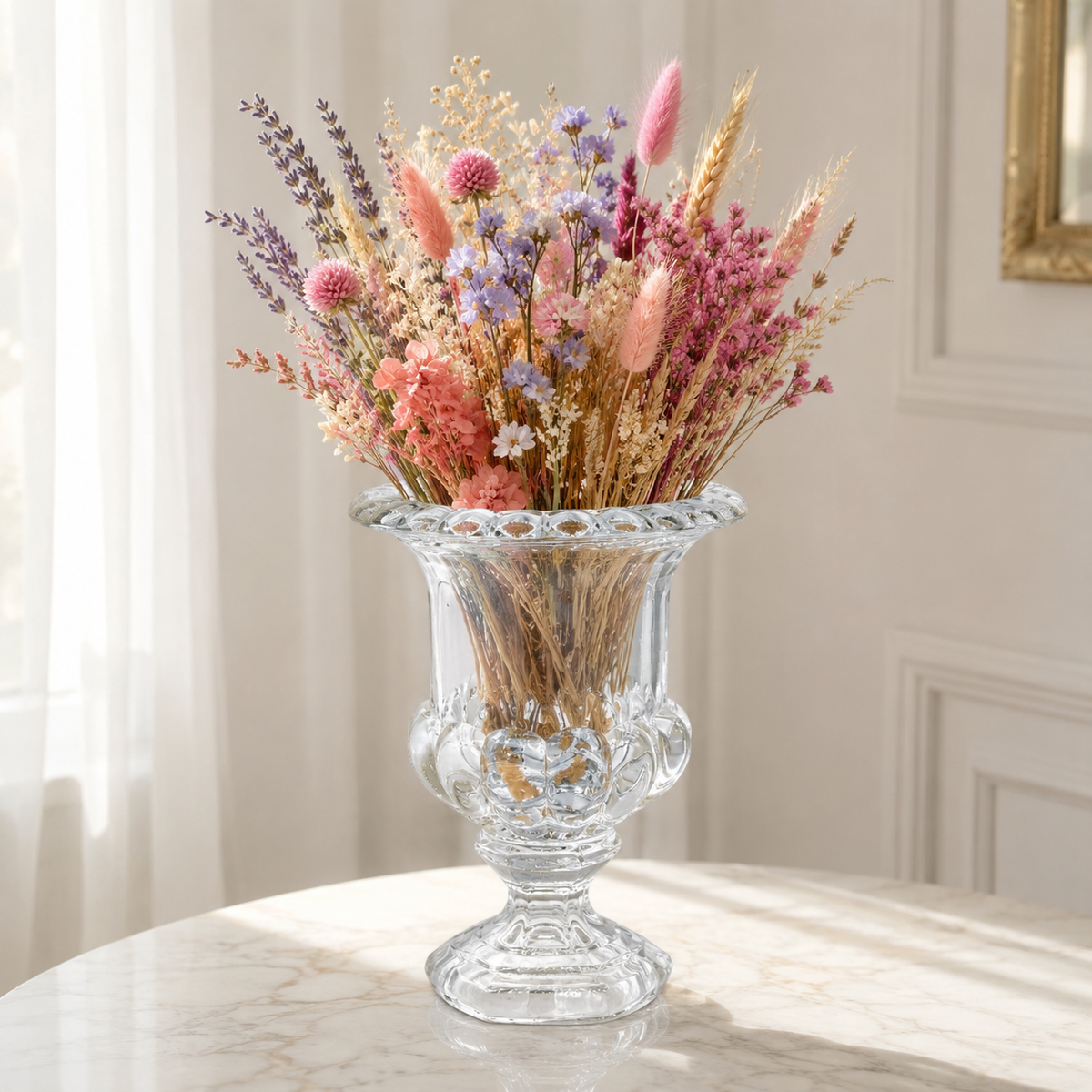 A clear glass pedestal vase filled with a dried floral arrangement in soft pastel tones, placed on a light marble table in a bright, elegant room.