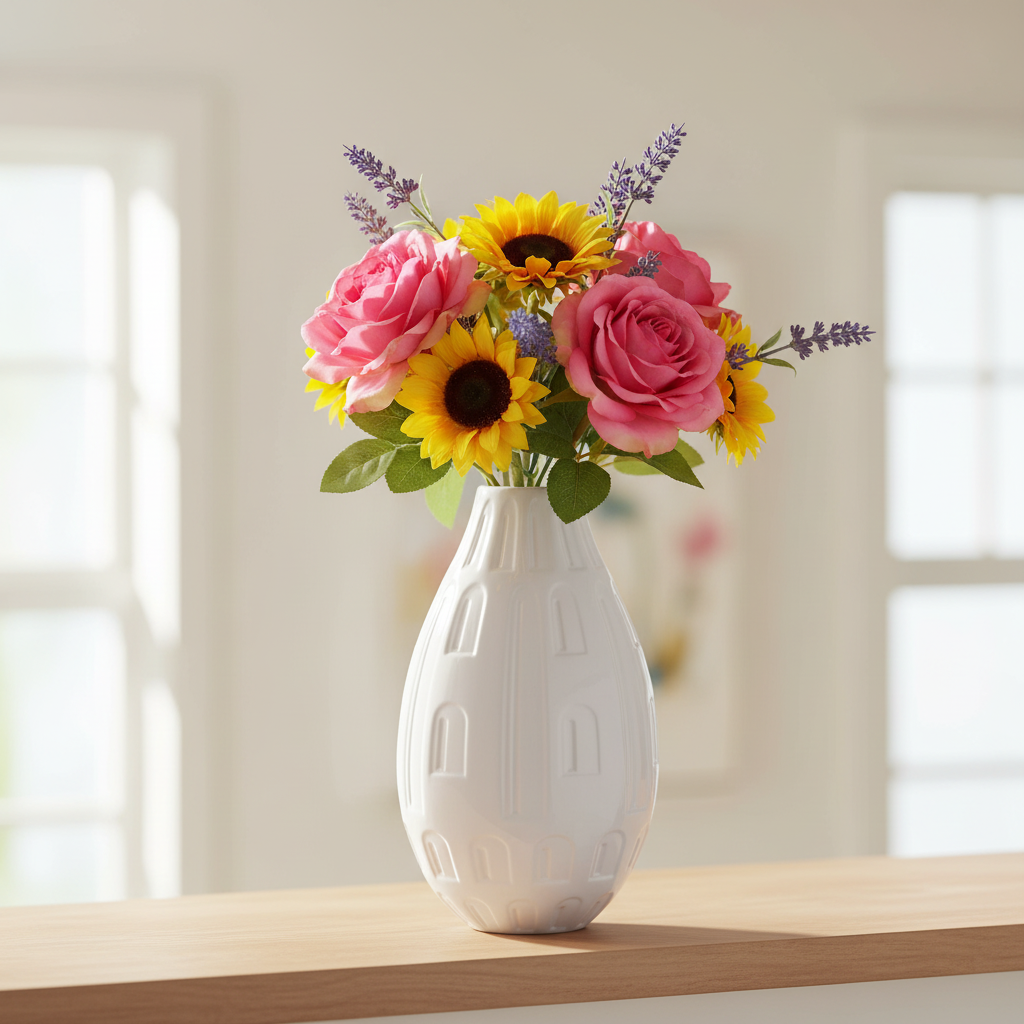 A white ceramic vase with a textured, embossed architectural pattern sits on a light wood table, holding a vibrant floral arrangement of pink roses, yellow sunflowers, and purple lavender against a softly blurred background of bright windows.