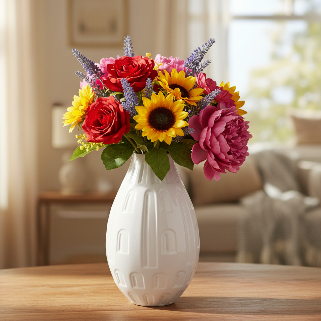 A vibrant artificial flower arrangement featuring red roses, yellow sunflowers, pink peonies, and purple lavender sprigs, displayed in a textured white ceramic vase on a wooden table in a softly blurred living room setting.