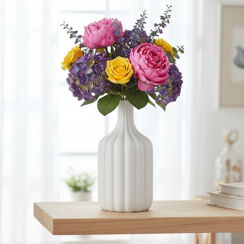 A white ribbed ceramic vase holding a colorful flower bouquet with pink roses, yellow blooms, and purple hydrangeas, displayed on a light wood shelf in a bright, softly blurred room.