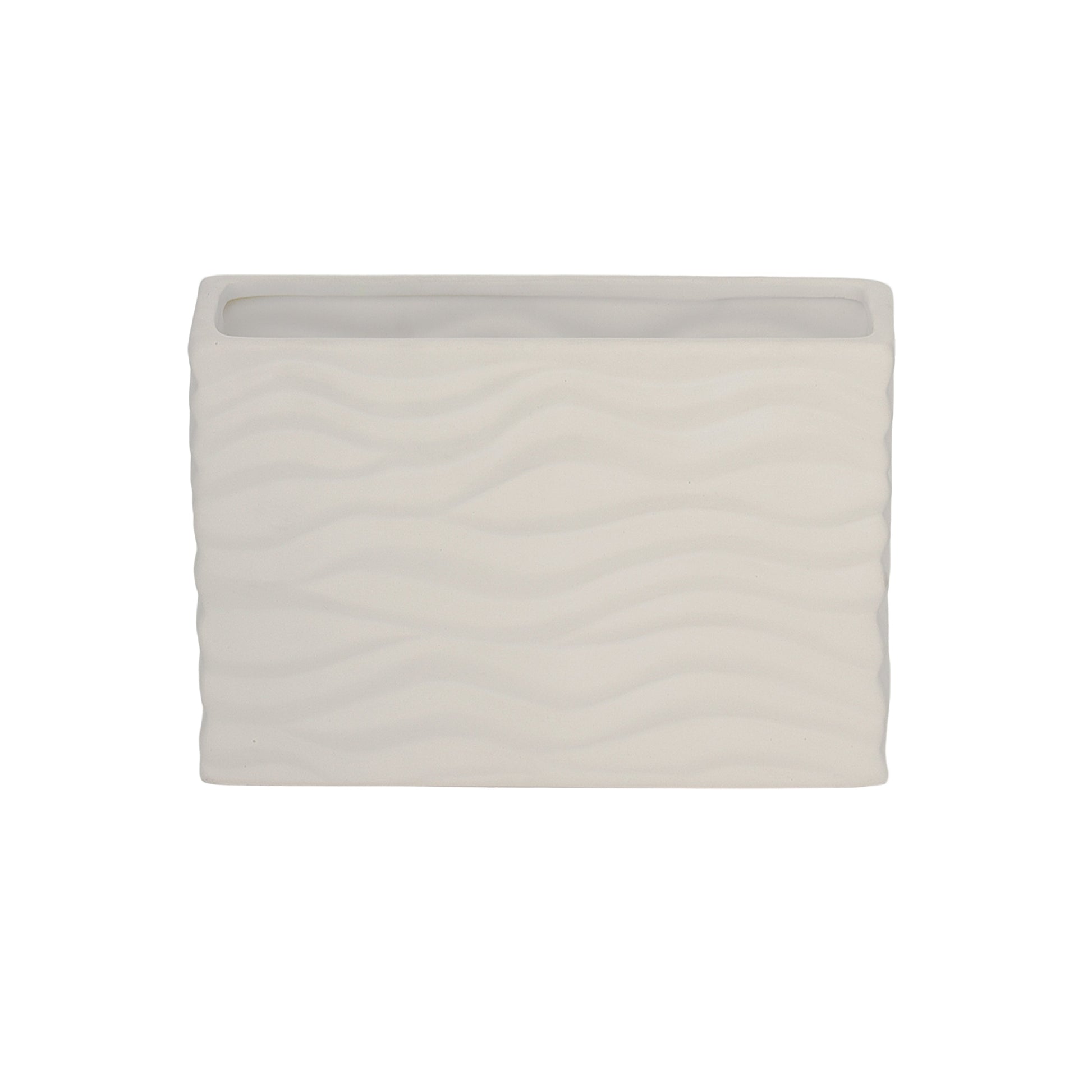 A ceramic wide rectangle vase with a matte finish and embossed wavy pattern design in white color.